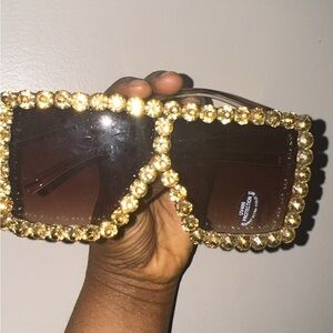 Gold Crystal Square Sunglasses — Brown Lenses